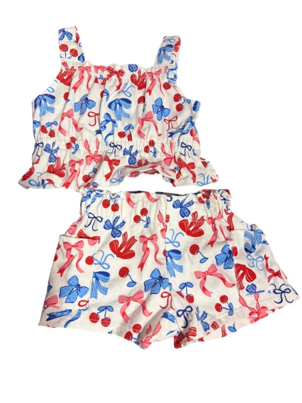 Rare Editions 2 Piece Outfit Cherry Bow Red White Blue Top And Shorts Size 18M